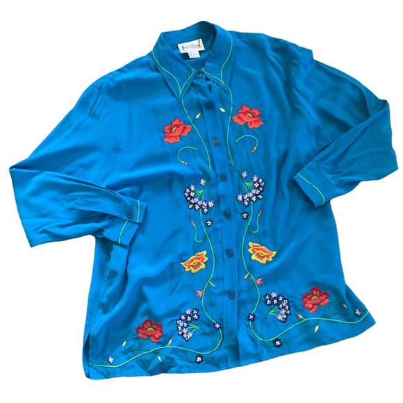 Vintage Diane Von Furstenberg 100% Silk Floral Embroidered Blouse - Picture 1 of 9